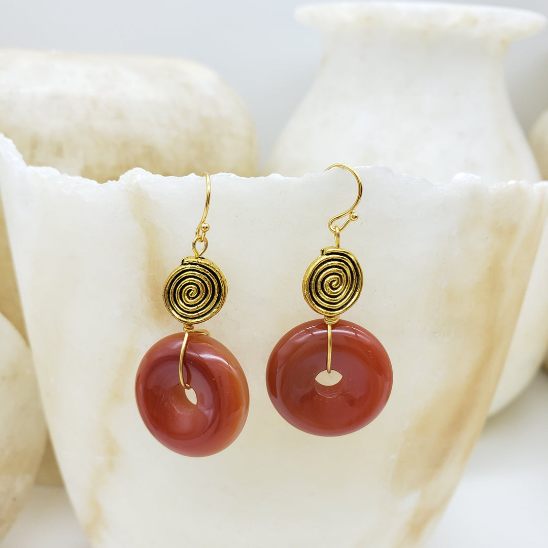 Klimt Inspired Carnelian Spiral Earrings