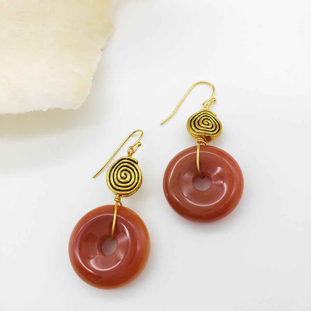 Klimt Inspired Carnelian Spiral Earrings