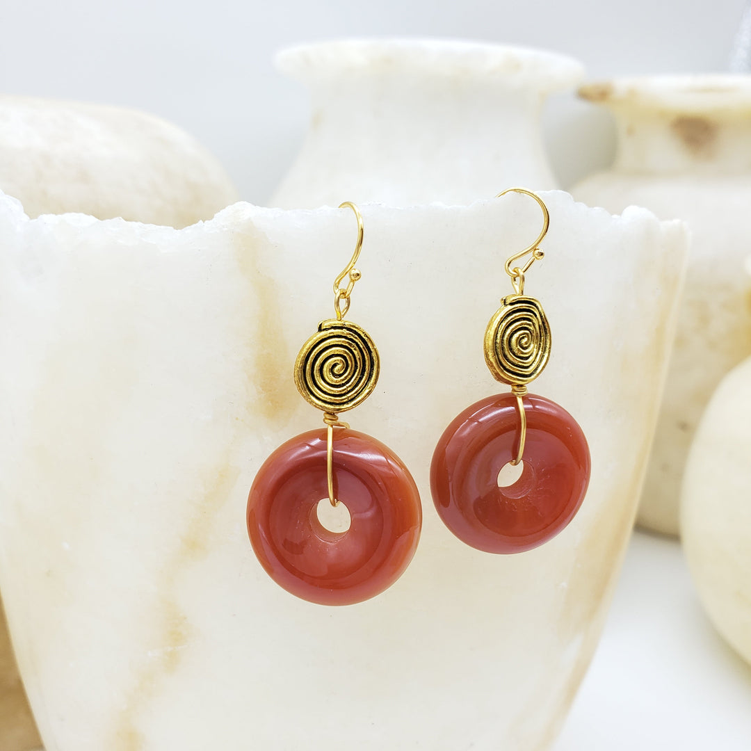 Klimt Inspired Carnelian Spiral Earrings