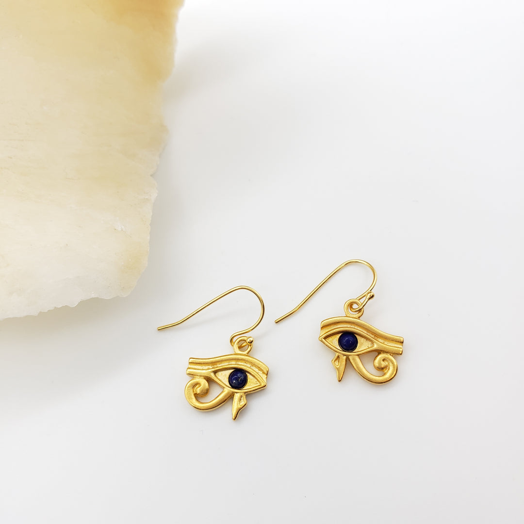 Eye of Horus Earrings with Lapis - Bright Gold Finish