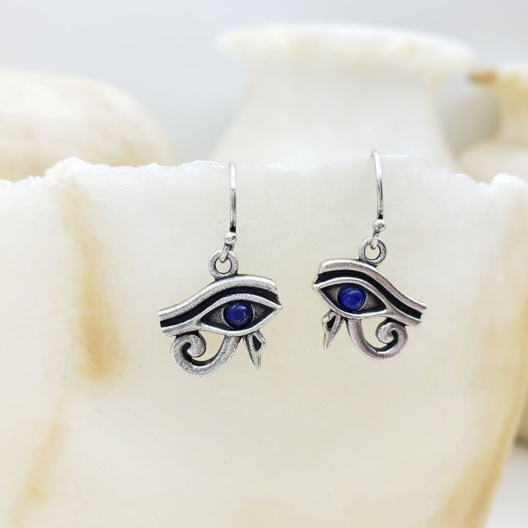 Eye of Horus Earrings with Lapis - Antique Silver Finish