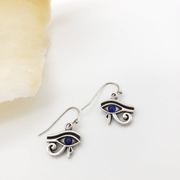 Eye of Horus Earrings with Lapis - Antique Silver Finish