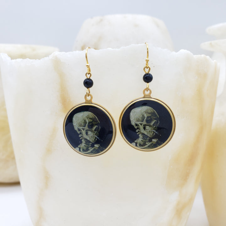 Van Gogh Skull with Skeleton Earrings