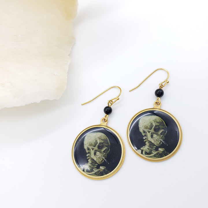 Van Gogh Skull with Skeleton Earrings