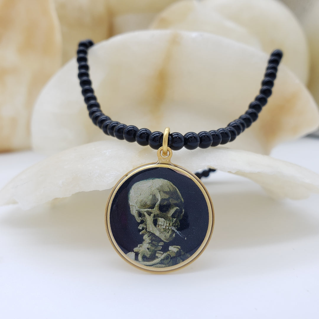 Van Gogh Skull with Skeleton Beaded Necklace