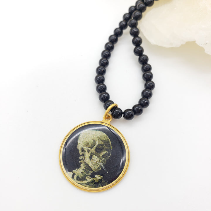 Van Gogh Skull with Skeleton Beaded Necklace