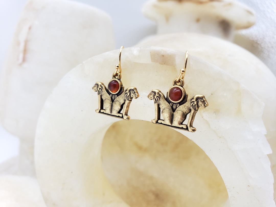 Double Lion Earrings with Carnelian - Antique Gold Finish - Ancient Egyptian Inspired