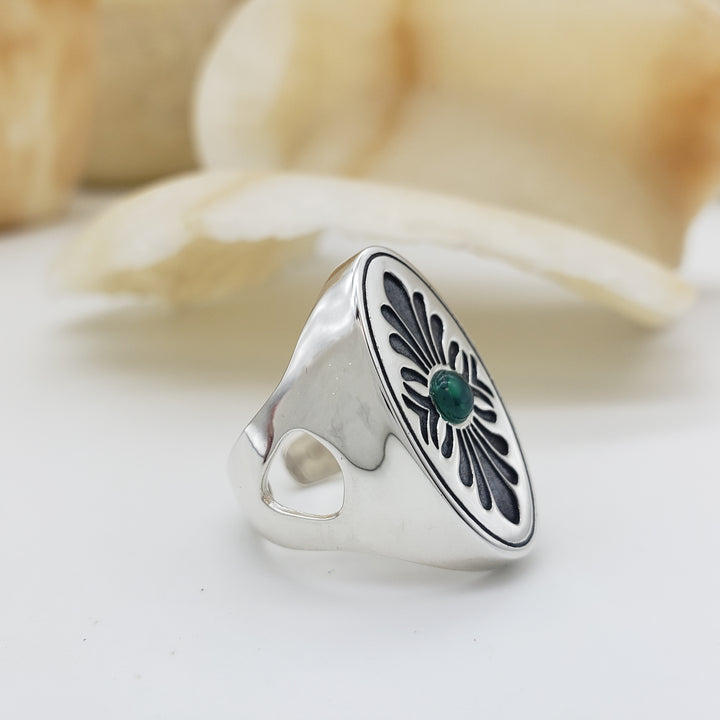 Roman Shield Ring with Green Agate - Adjustable