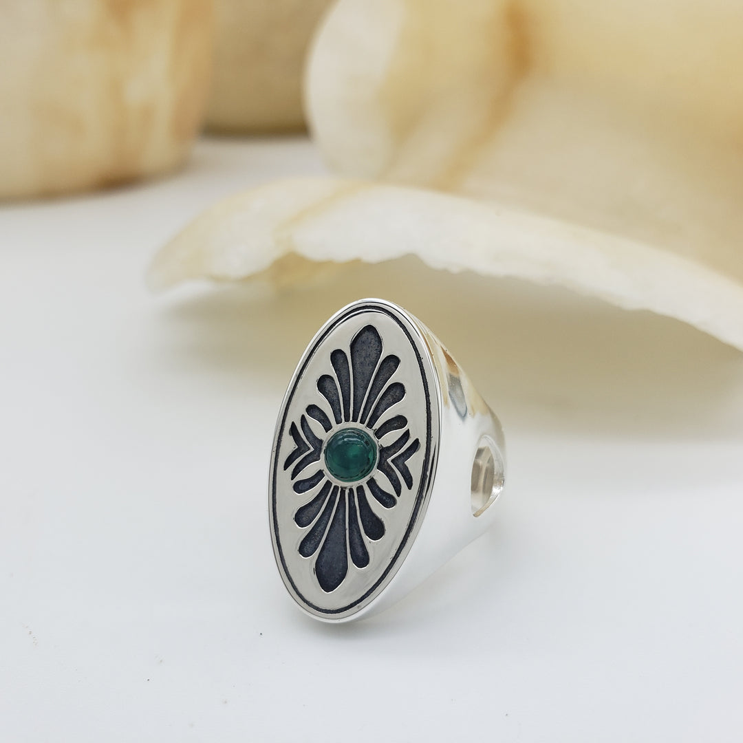 Roman Shield Ring with Green Agate - Adjustable