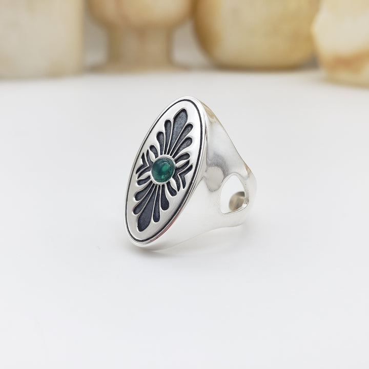 Roman Shield Ring with Green Agate - Adjustable