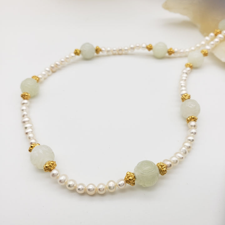 Carved Jade and Pearl Necklace