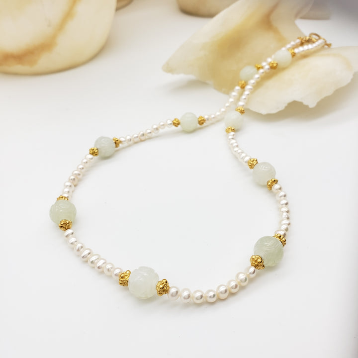 Carved Jade and Pearl Necklace