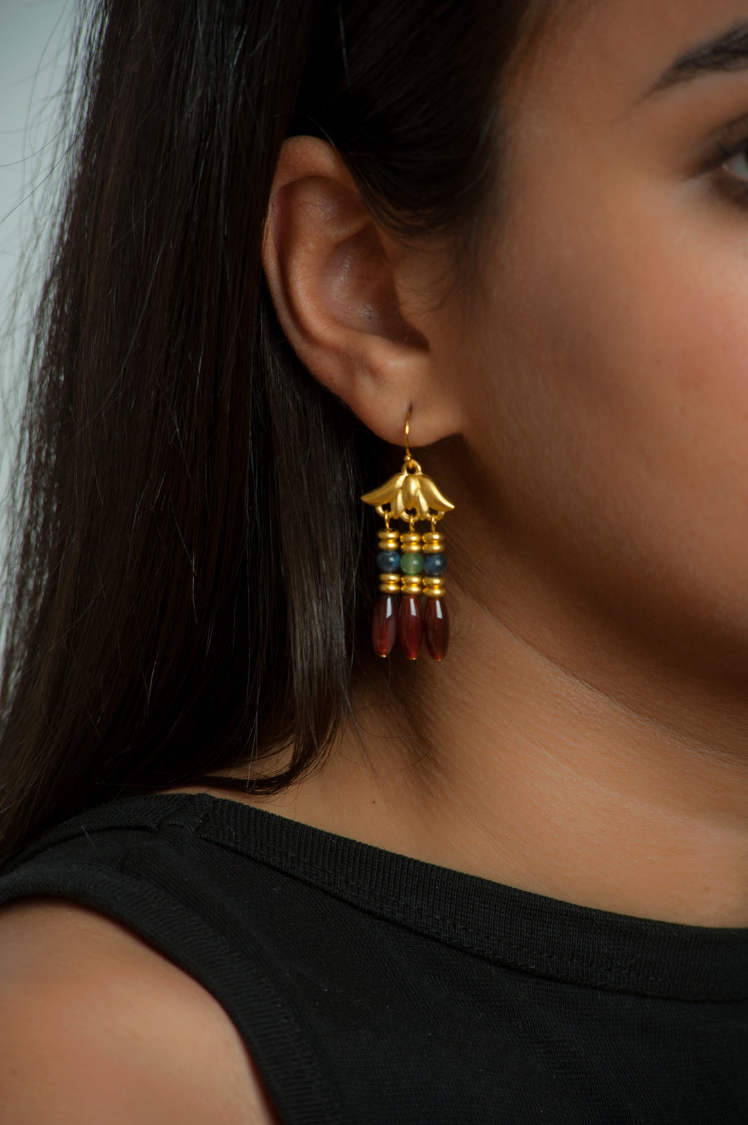 Lotus Triple Drop Earrings - Egyptian Carnelian