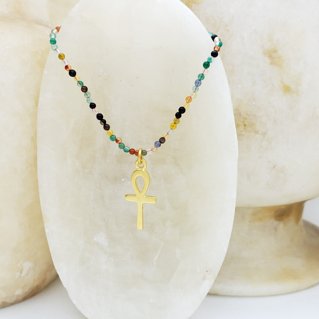 Ankh Charm and Agate Beaded Necklace