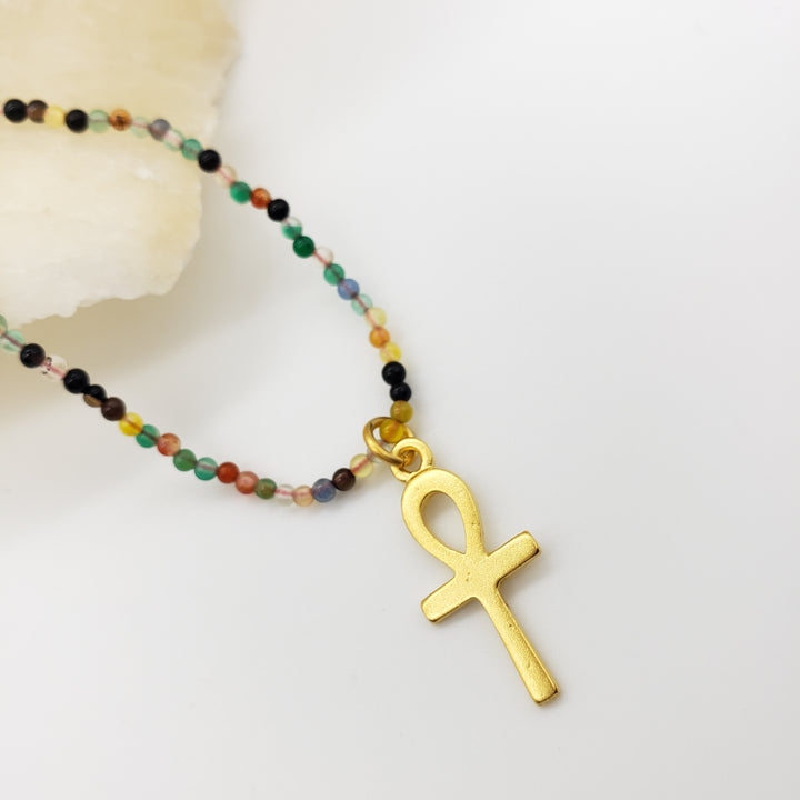 Ankh Charm and Agate Beaded Necklace