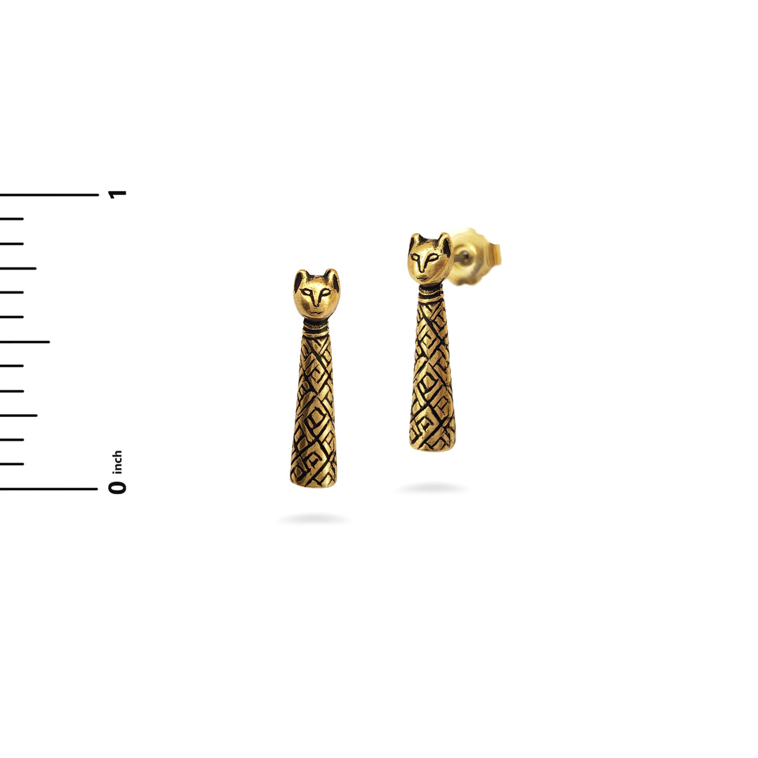 Egyptian Mummy Cat Post Earrings - Antique Gold Finish