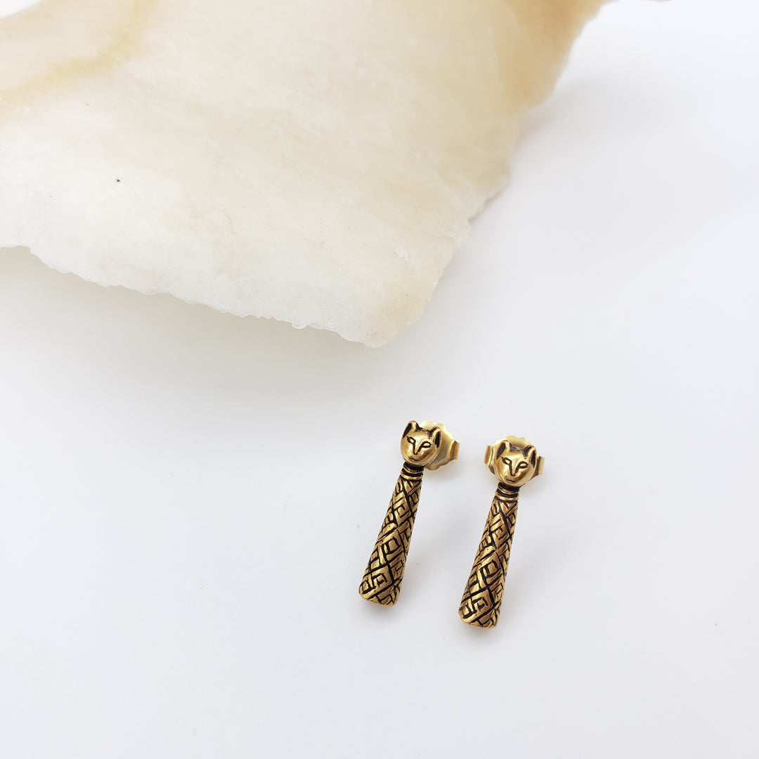 Egyptian Mummy Cat Post Earrings - Antique Gold Finish