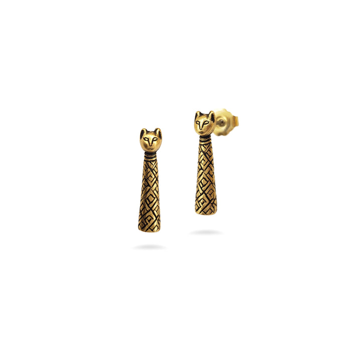 Egyptian Mummy Cat Post Earrings - Antique Gold Finish