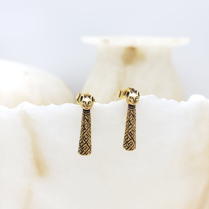 Egyptian Mummy Cat Post Earrings - Antique Gold Finish