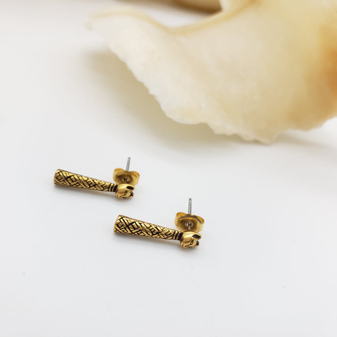 Egyptian Mummy Cat Post Earrings - Antique Gold Finish