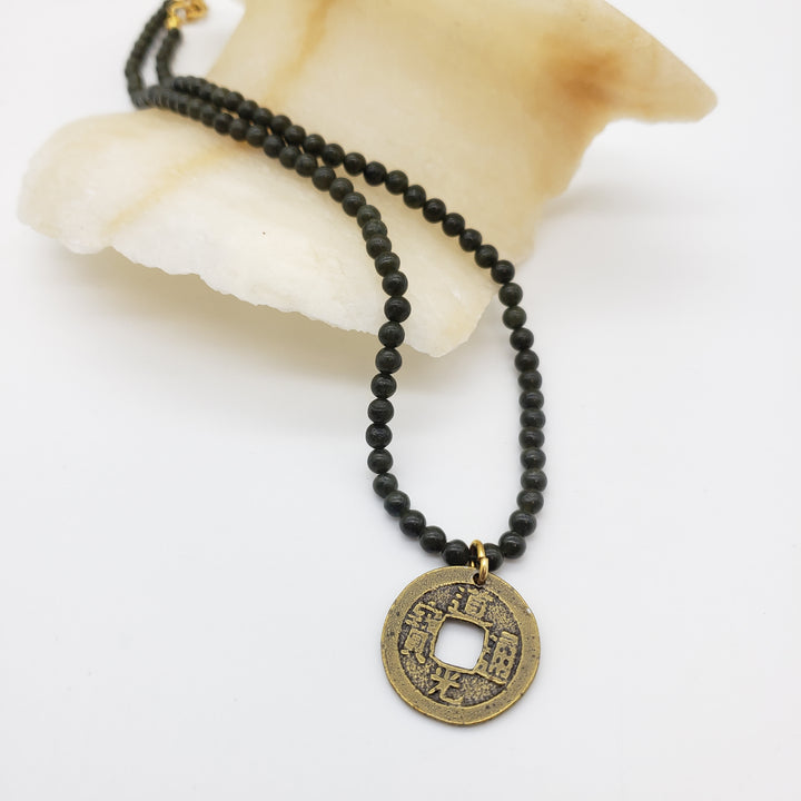 I Ch'ing Coin Pendant Necklace with Dark Jade Beads