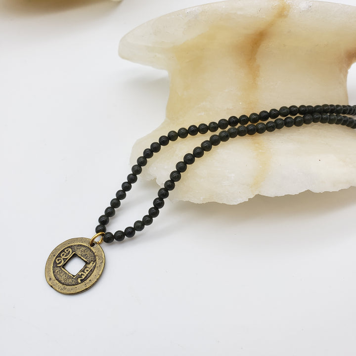 I Ch'ing Coin Pendant Necklace with Dark Jade Beads