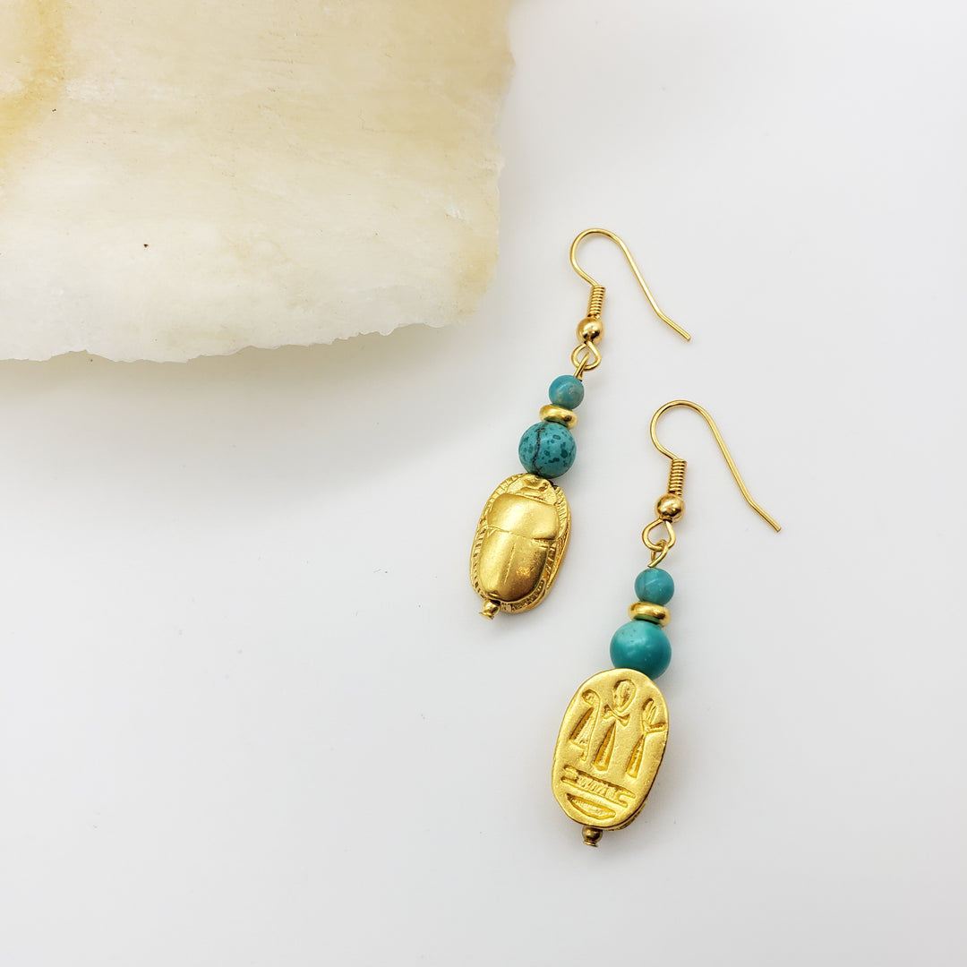 Egyptian Scarab and Turquoise Earrings