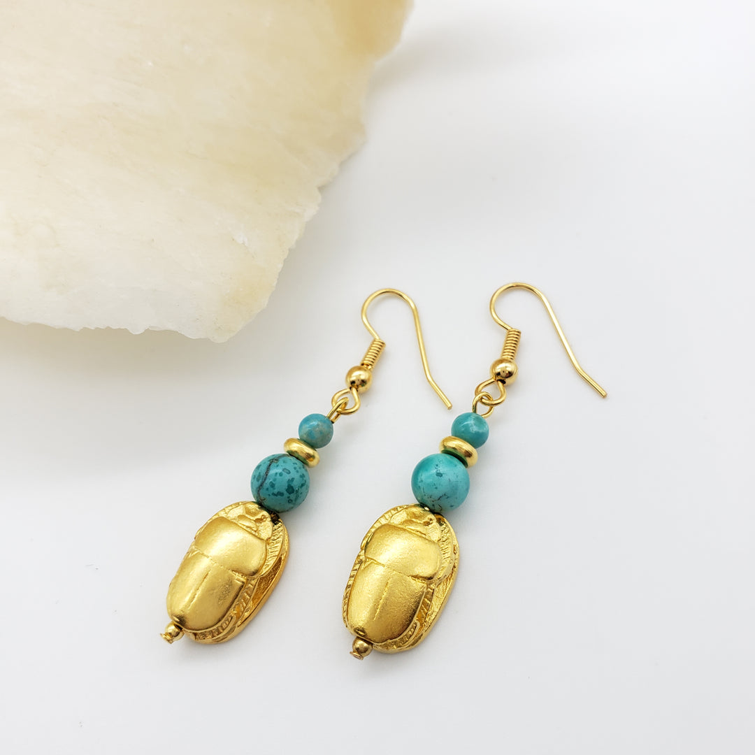 Egyptian Scarab and Turquoise Earrings