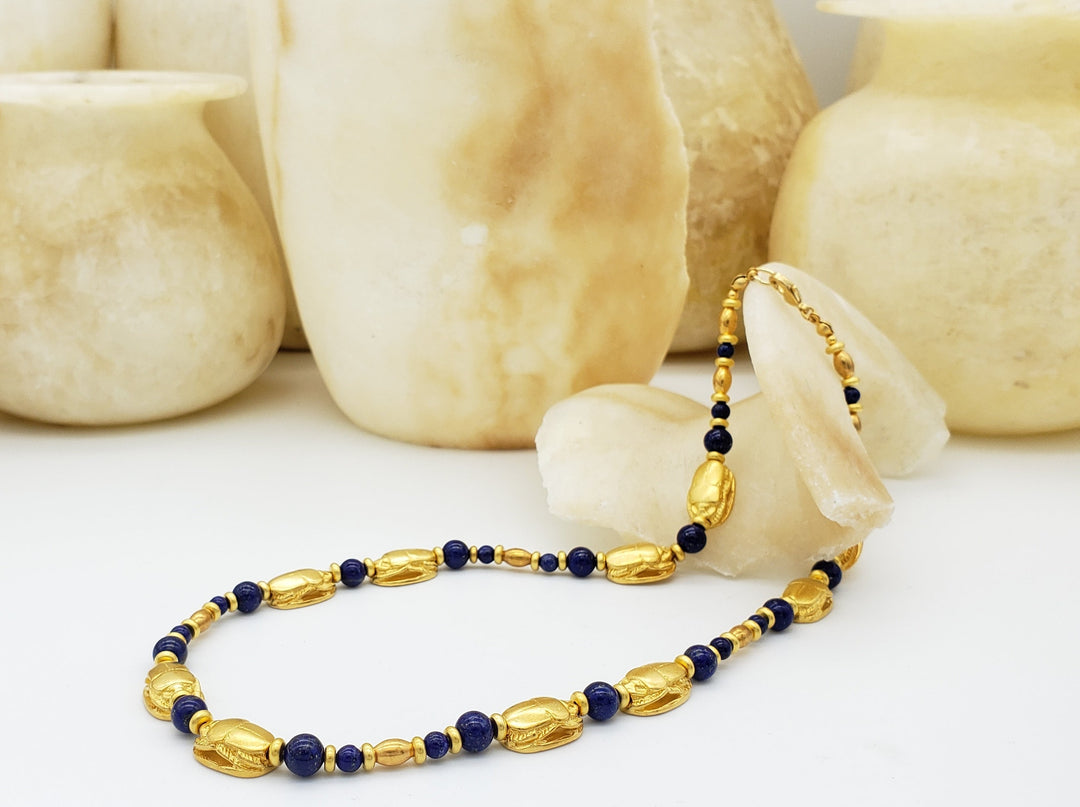 Egyptian Scarab and Lapis Beaded Necklace