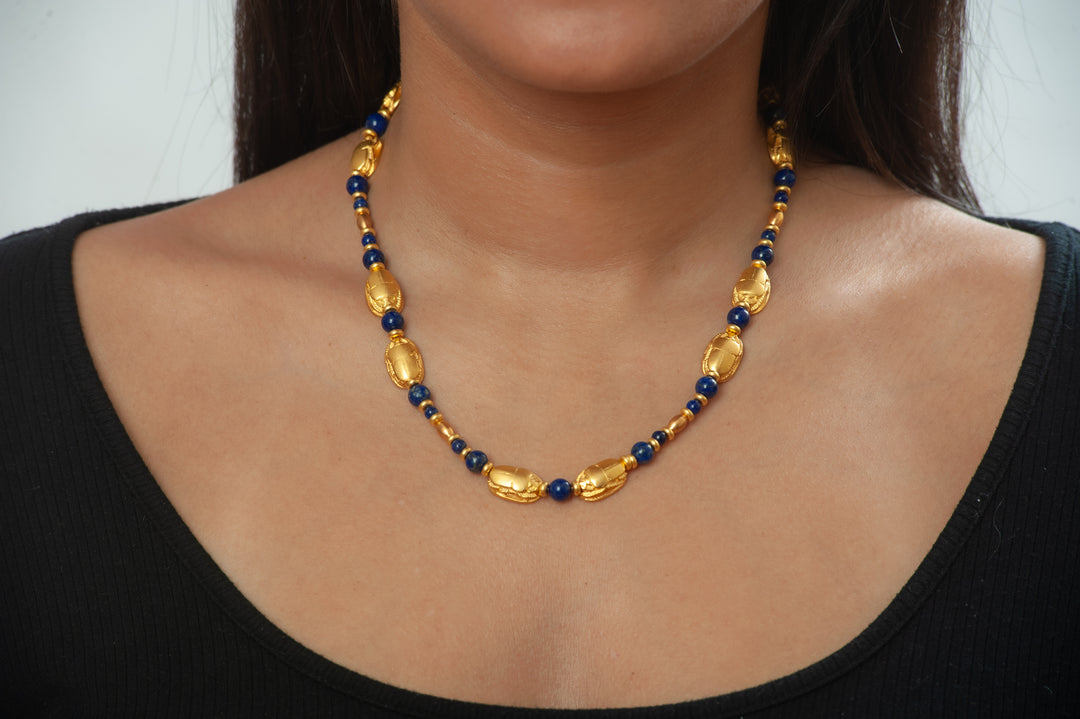 Egyptian Scarab and Lapis Beaded Necklace