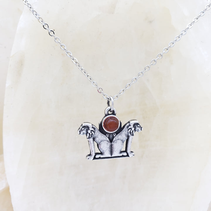 Double Lion Pendant with Carnelian - Antique Silver Finish - Ancient Egyptian Inspired