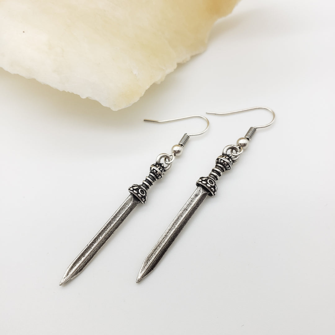 Roman Sword Earrings - Antiqued Silver