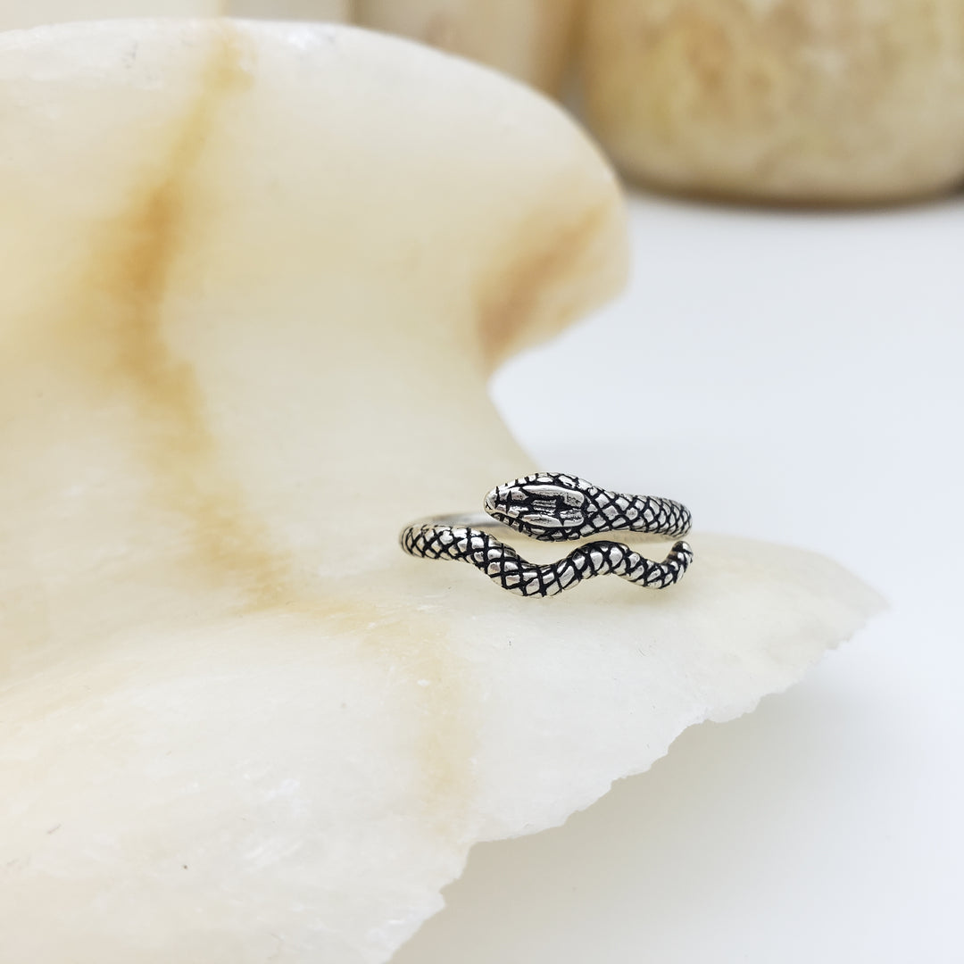 Egyptian Snake Ring Antique Silver Finish, Adjustable