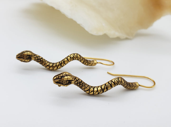 Egyptian Snake Earrings - Antique Gold Finish