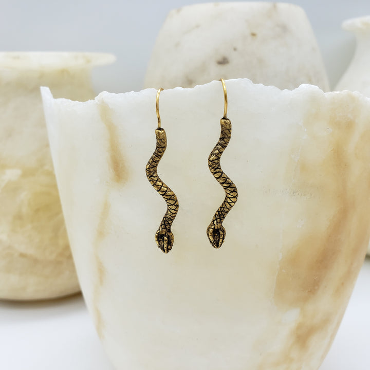 Egyptian Snake Earrings - Antique Gold Finish