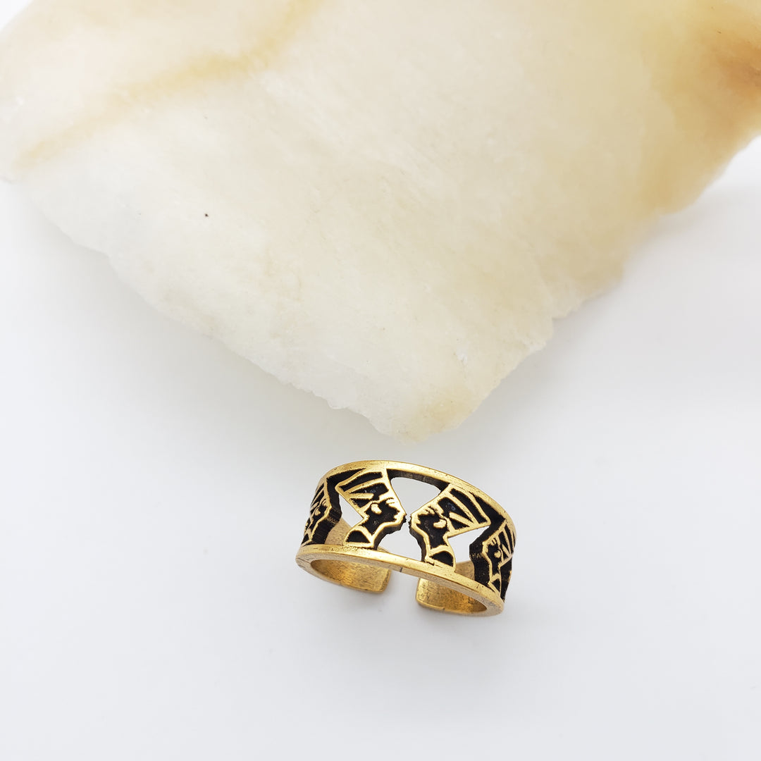 Egyptian Queen Nefertiti Ring - Antique Gold Finish - Adjustable