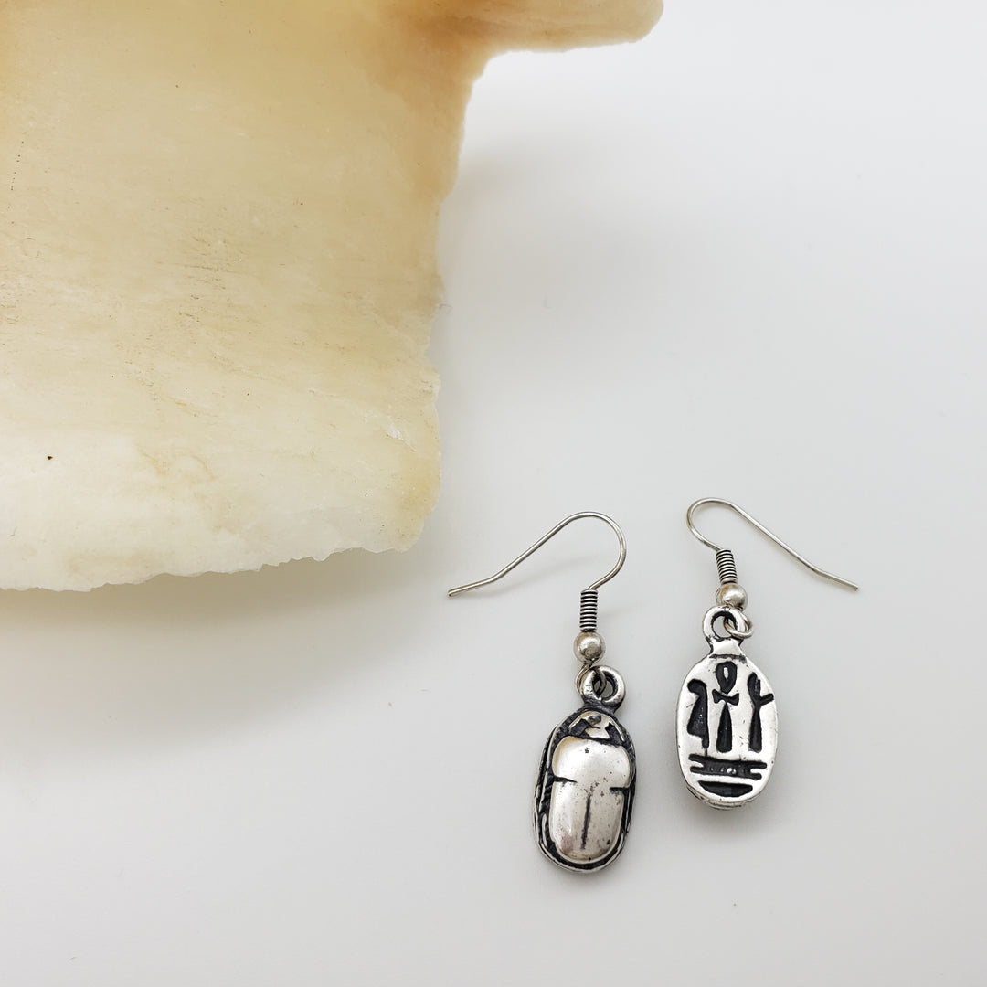 Scarab Earrings - Antique Silver Finish