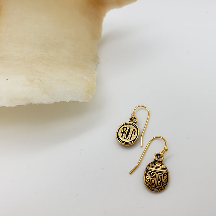Mini Scarab Earrings - Antique Gold Finish