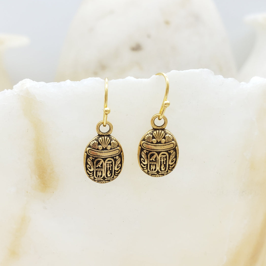 Mini Scarab Earrings - Antique Gold Finish