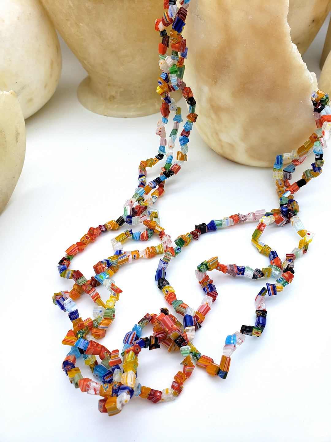 Mosaic Glass Bead Triple Strand Necklace