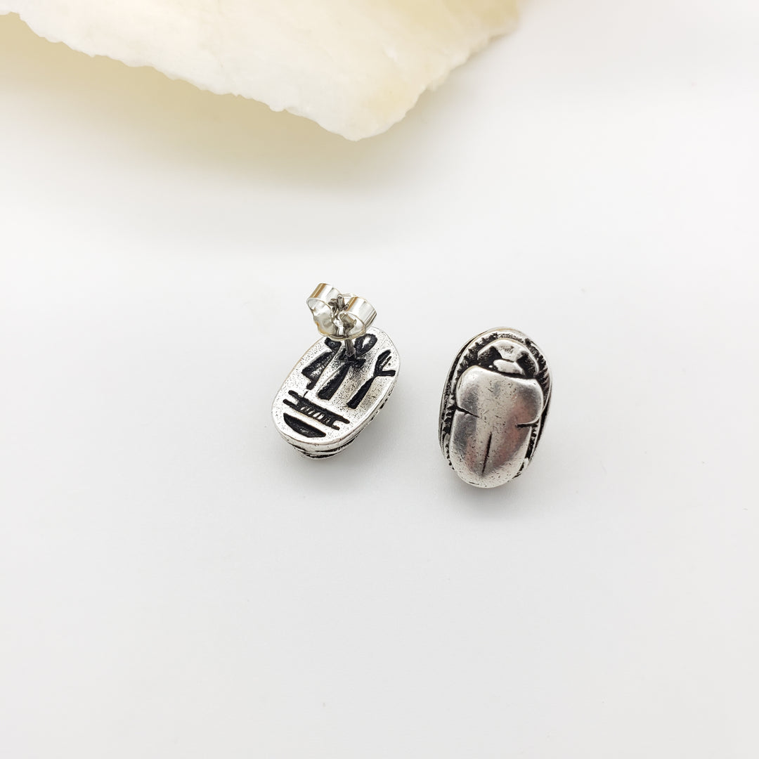 Scarab Post Earrings - Antique Silver Finish