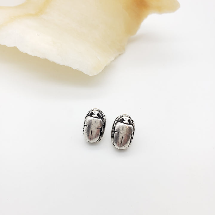 Scarab Post Earrings - Antique Silver Finish