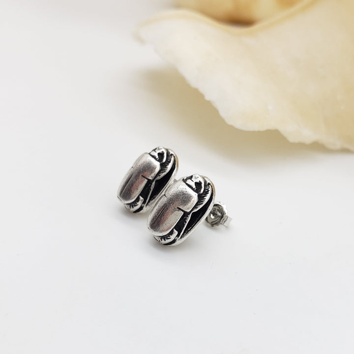 Scarab Post Earrings - Antique Silver Finish