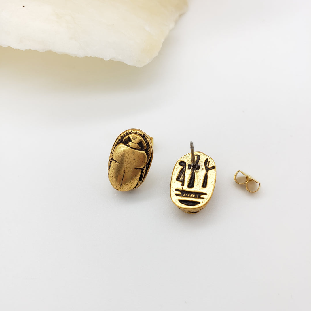 Scarab Post Earrings - Antique Gold Finish