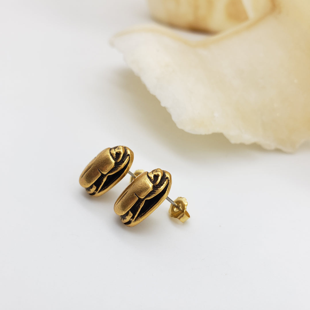 Scarab Post Earrings - Antique Gold Finish