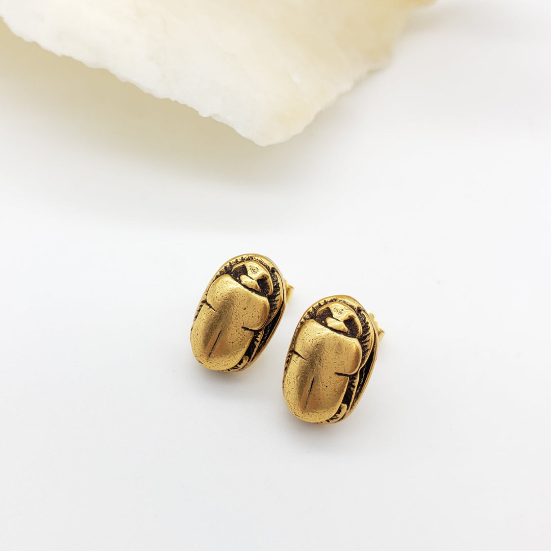 Scarab Post Earrings - Antique Gold Finish