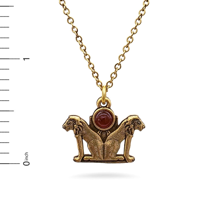 Double Lion Pendant with Carnelian - Antique Gold Finish - Ancient Egyptian Inspired