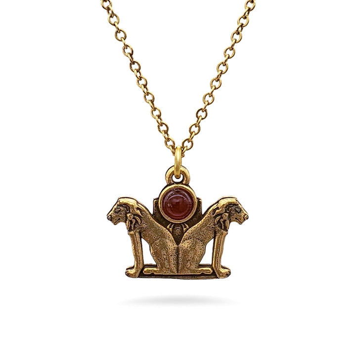 Double Lion Pendant with Carnelian - Antique Gold Finish - Ancient Egyptian Inspired